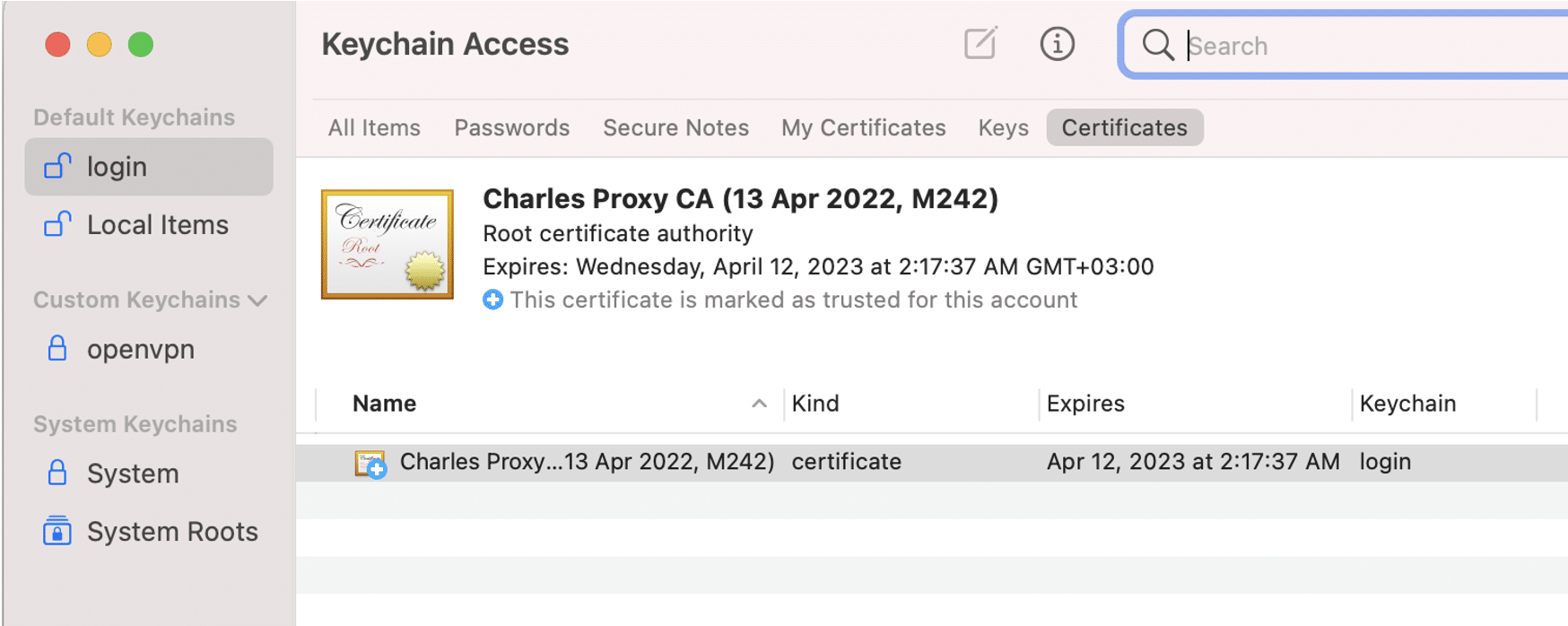 Charles Certificate settings for MacOS