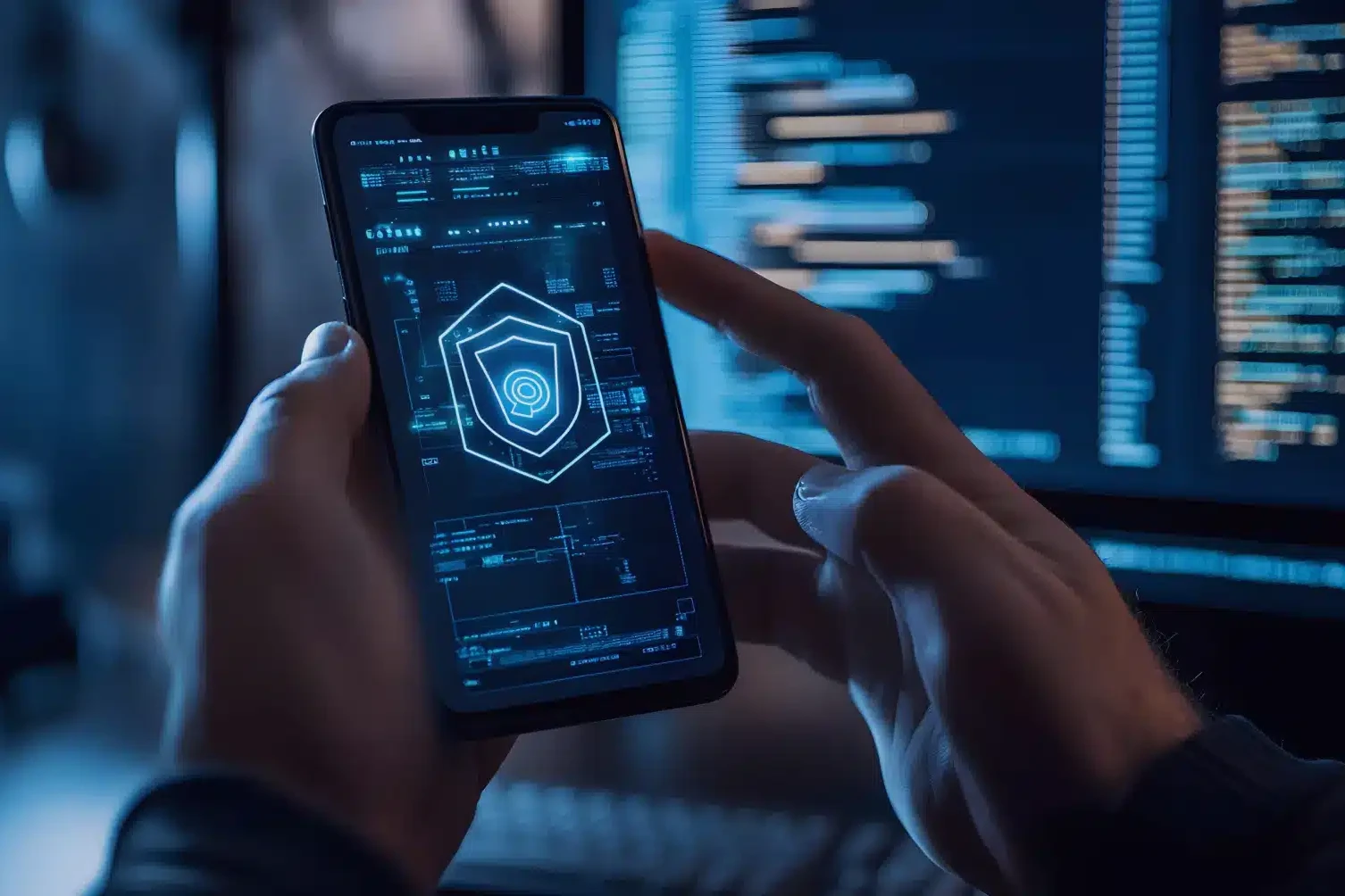 Close-up of hands holding a smartphone displaying a glowing shield HUD, with code and blue UI elements on nearby screens in a data-center vibe.