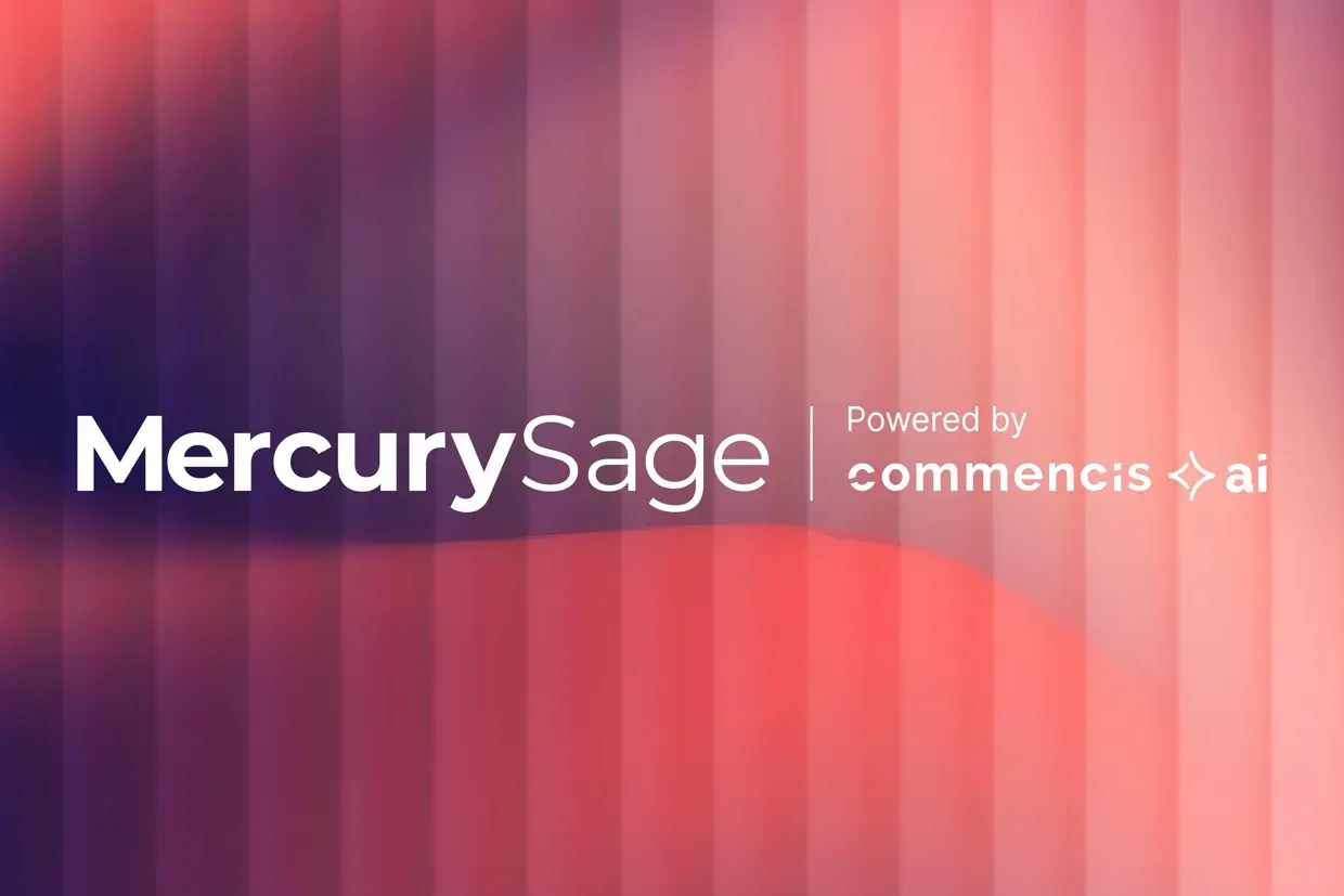 Branding slide showing 'MercurySage' with 'Powered by commencis ai'