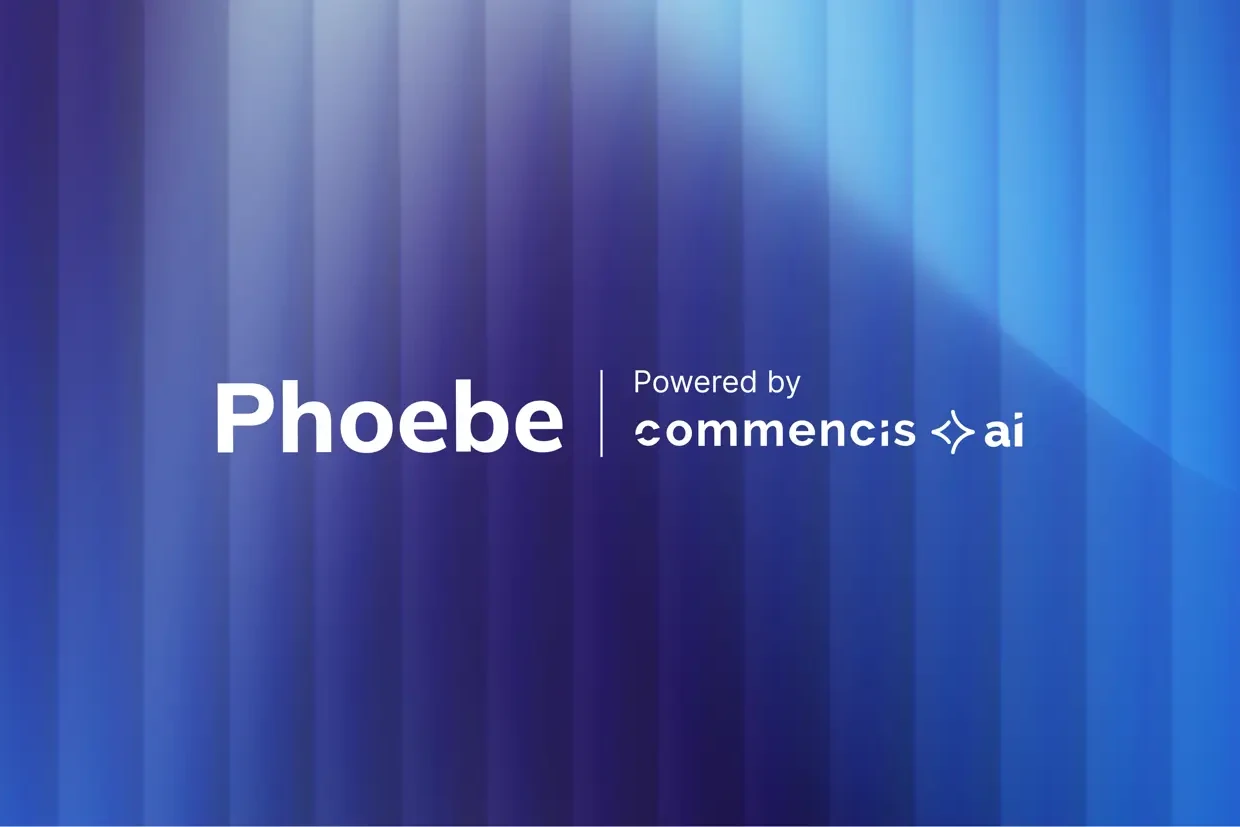 Phoebe logo with 'Powered by commensis ai' on a blue striped gradient background.