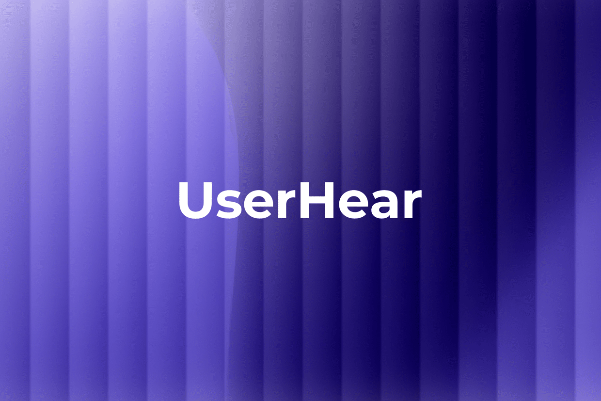Brand name UserHear centered on a deep purple vertical-fold background.