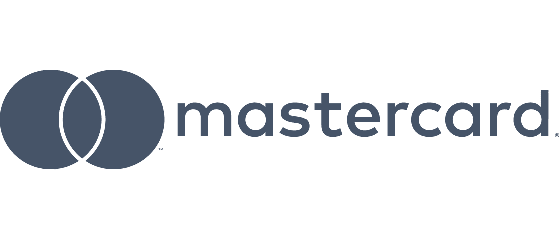 Mastercard logo with two overlapping blue circles and the word 'mastercard'.