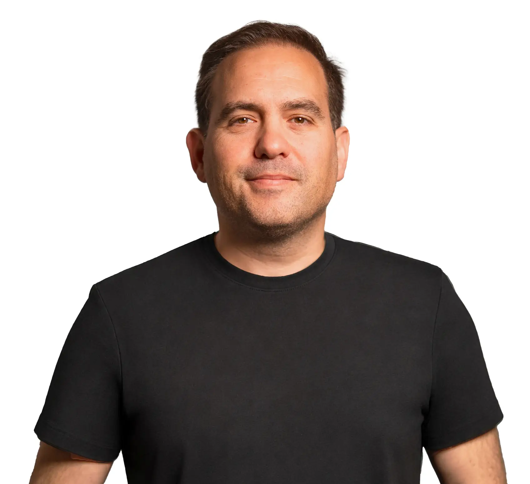 Portrait of a smiling man in a black t-shirt against a white background.
