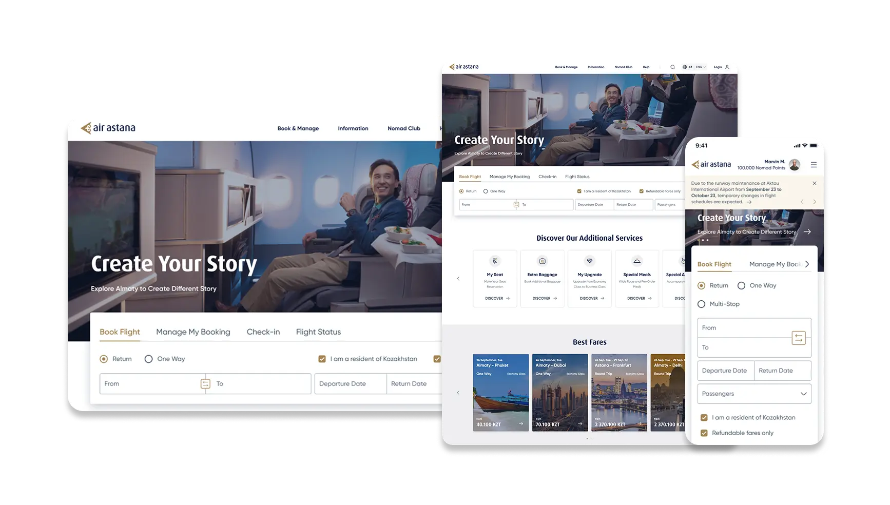 Air Astana website shown on desktop, tablet and mobile