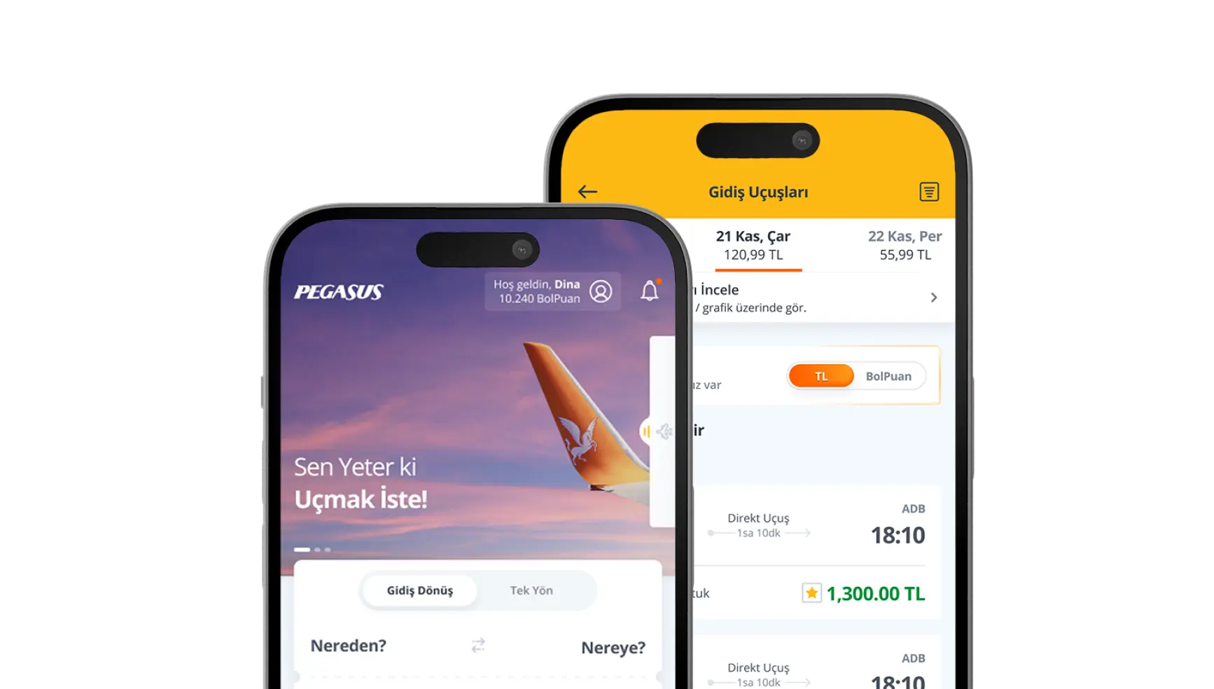 Pegasus mobile app screens showing the home page and flight selection